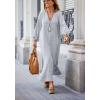 imagechouyatou Women Summer Long Sleeve Notch Neck Maxi Linen Shirt Dress Loose Button Down Tunic Shift DressGrey