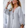 imagechouyatou Women Summer Long Sleeve Notch Neck Maxi Linen Shirt Dress Loose Button Down Tunic Shift DressGrey