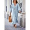 imagechouyatou Women Summer Long Sleeve Notch Neck Maxi Linen Shirt Dress Loose Button Down Tunic Shift DressLight Blue