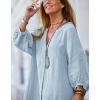 imagechouyatou Women Summer Long Sleeve Notch Neck Maxi Linen Shirt Dress Loose Button Down Tunic Shift DressLight Blue