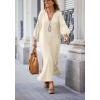 imagechouyatou Women Summer Long Sleeve Notch Neck Maxi Linen Shirt Dress Loose Button Down Tunic Shift DressLight Khaki
