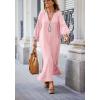 imagechouyatou Women Summer Long Sleeve Notch Neck Maxi Linen Shirt Dress Loose Button Down Tunic Shift DressPink