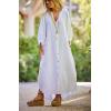 imagechouyatou Women Summer Long Sleeve Notch Neck Maxi Linen Shirt Dress Loose Button Down Tunic Shift DressWhite