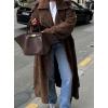 imagechouyatou Womens Faux Suede Leather Trench Coat Double Breasted Notch Collar Mid Long Overcoat with BeltBrown
