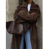 imagechouyatou Womens Faux Suede Leather Trench Coat Double Breasted Notch Collar Mid Long Overcoat with BeltBrown