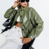 imagechouyatou Womens Vintage Cropped Leather Jacket Faux Leather Jacket Moto Oversized Biker PU CoatsGreen