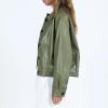 imagechouyatou Womens Vintage Cropped Leather Jacket Faux Leather Jacket Moto Oversized Biker PU CoatsGreen