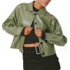 imagechouyatou Womens Vintage Cropped Leather Jacket Faux Leather Jacket Moto Oversized Biker PU CoatsGreen