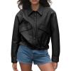imagechouyatou Women 2025 Casual Faux Leather Motorcycle Jacket Oversized Cropped Fall Leather Jacket OuterwearBlack