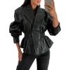 imagechouyatou Women 2025 Fall Shawl Collar Peplum Faux Leather Jacket Trendy Moto Dressy Casual Winter CoatsBlack