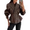 imagechouyatou Women 2025 Fall Shawl Collar Peplum Faux Leather Jacket Trendy Moto Dressy Casual Winter CoatsBrown