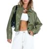 imagechouyatou Womens Vintage Cropped Leather Jacket Faux Leather Jacket Moto Oversized Biker PU CoatsGreen