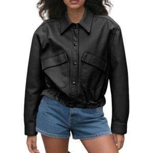 imagechouyatou Women 2025 Casual Faux Leather Motorcycle Jacket Oversized Cropped Fall Leather Jacket OuterwearBlack