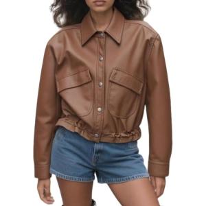 imagechouyatou Women 2025 Casual Faux Leather Motorcycle Jacket Oversized Cropped Fall Leather Jacket OuterwearBrown