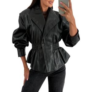 imagechouyatou Women 2025 Fall Shawl Collar Peplum Faux Leather Jacket Trendy Moto Dressy Casual Winter CoatsBlack