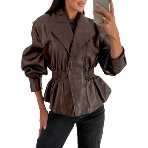 imagechouyatou Women 2025 Fall Shawl Collar Peplum Faux Leather Jacket Trendy Moto Dressy Casual Winter CoatsBrown