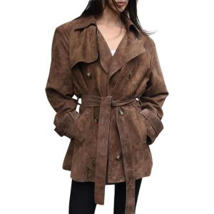 imagechouyatou Women Faux Suede Leather Trench Coat Double Breasted Midi Long Pea Coat Overacoat with BeltBrown