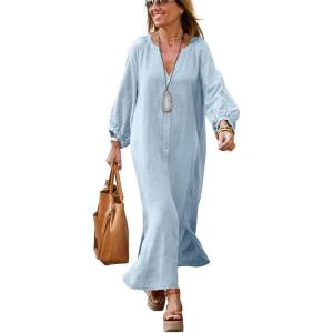 imagechouyatou Women Summer Long Sleeve Notch Neck Maxi Linen Shirt Dress Loose Button Down Tunic Shift DressLight Blue