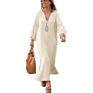 imagechouyatou Women Summer Long Sleeve Notch Neck Maxi Linen Shirt Dress Loose Button Down Tunic Shift DressLight Khaki