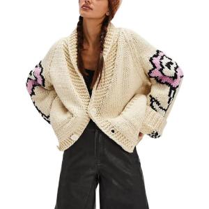 imagechouyatou Womens Fall Casual 2025 Floral Sweater Cardigans Oversized Button Down Chunky Knit Sweater CoatiganBeige