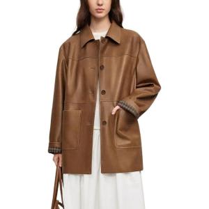imagechouyatou Womens Faux Leather Blazer Jacket Single Breasted Pu Leather Suit Jacket Outerwear Coat with PocketsBrown