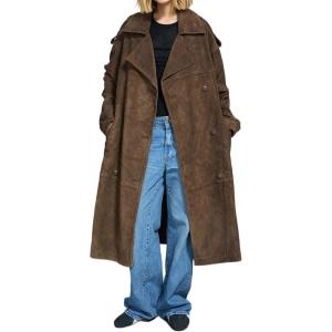 imagechouyatou Womens Faux Suede Leather Trench Coat Double Breasted Notch Collar Mid Long Overcoat with BeltBrown