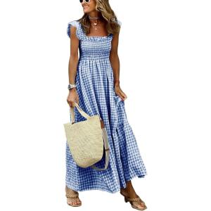 imagechouyatou Womens Retro Plaid Smocked Dress Spaghetti Strap Flounce Long DressDark Blue
