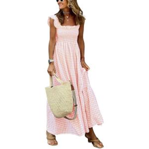 imagechouyatou Womens Retro Plaid Smocked Dress Spaghetti Strap Flounce Long DressOrange Pink