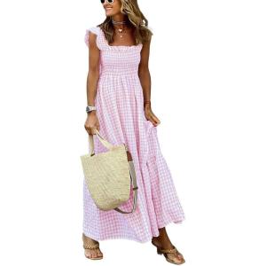 imagechouyatou Womens Retro Plaid Smocked Dress Spaghetti Strap Flounce Long DressPink