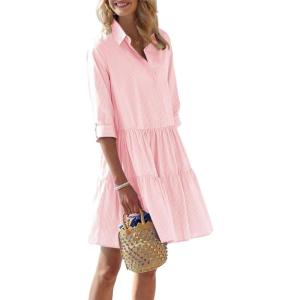 imagechouyatou Womens Striped Button Down Shirt Dress Loose Casual Cuffed Sleeve Tiered Mini Tunic DressOrange Pink
