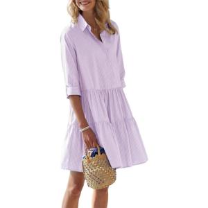 imagechouyatou Womens Striped Button Down Shirt Dress Loose Casual Cuffed Sleeve Tiered Mini Tunic DressPurple