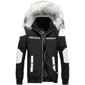 imagechouyatou Mens Casual Leather Spliced Warm Quilted Lined Parka Down Coat AnoraksBlack