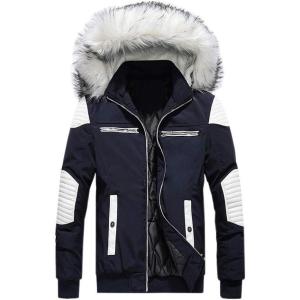 imagechouyatou Mens Casual Leather Spliced Warm Quilted Lined Parka Down Coat AnoraksNavy Blue