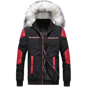 imagechouyatou Mens Casual Leather Spliced Warm Quilted Lined Parka Down Coat AnoraksRed