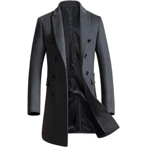 imagechouyatou Mens Classic Notched Collar Double Breasted Wool Blend Pea Coat Medium LongGrey