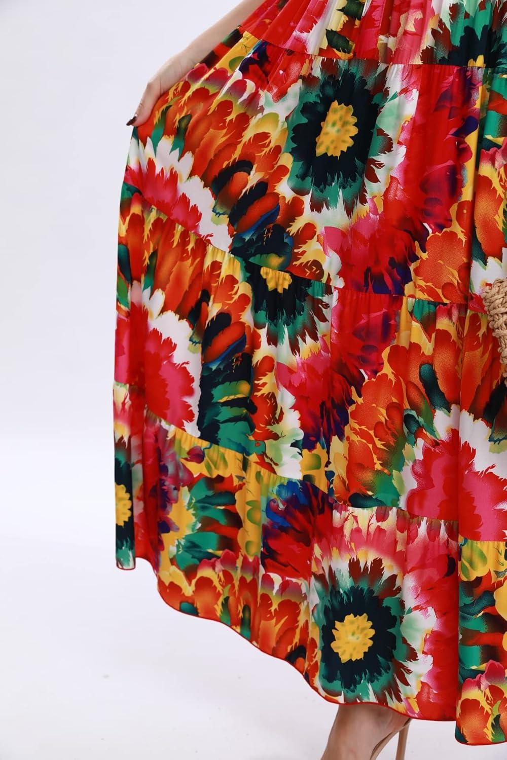 imageOSTOO Womens 2025 Summer Sleeve Boho Floral Print Casual Loose Flowy Maxi DressColorSun Flowers