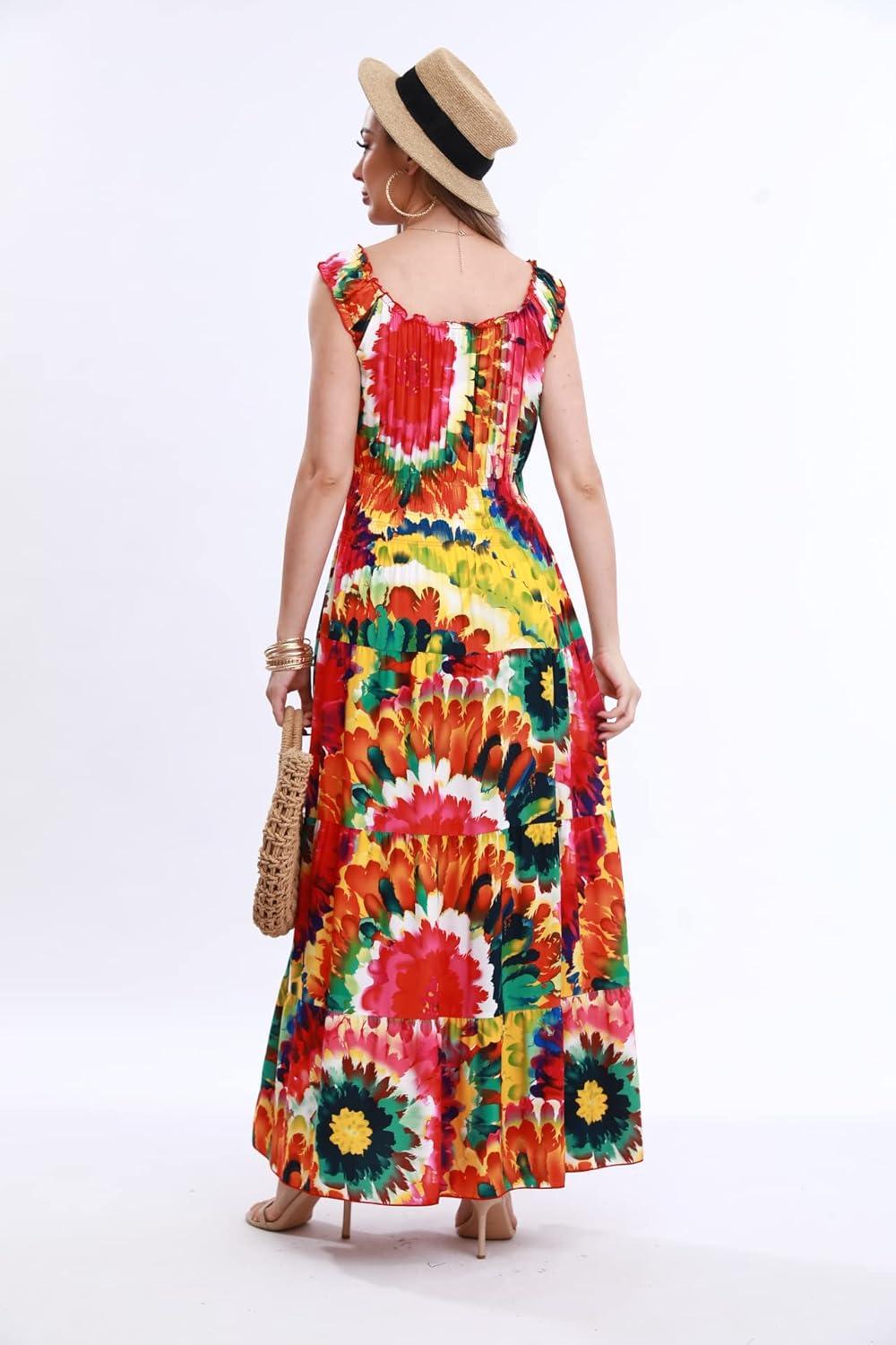 imageOSTOO Womens 2025 Summer Sleeve Boho Floral Print Casual Loose Flowy Maxi DressColorSun Flowers