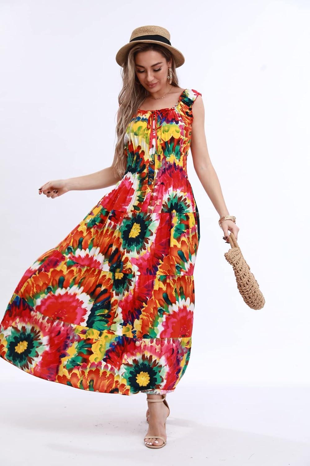 imageOSTOO Womens 2025 Summer Sleeve Boho Floral Print Casual Loose Flowy Maxi DressColorSun Flowers