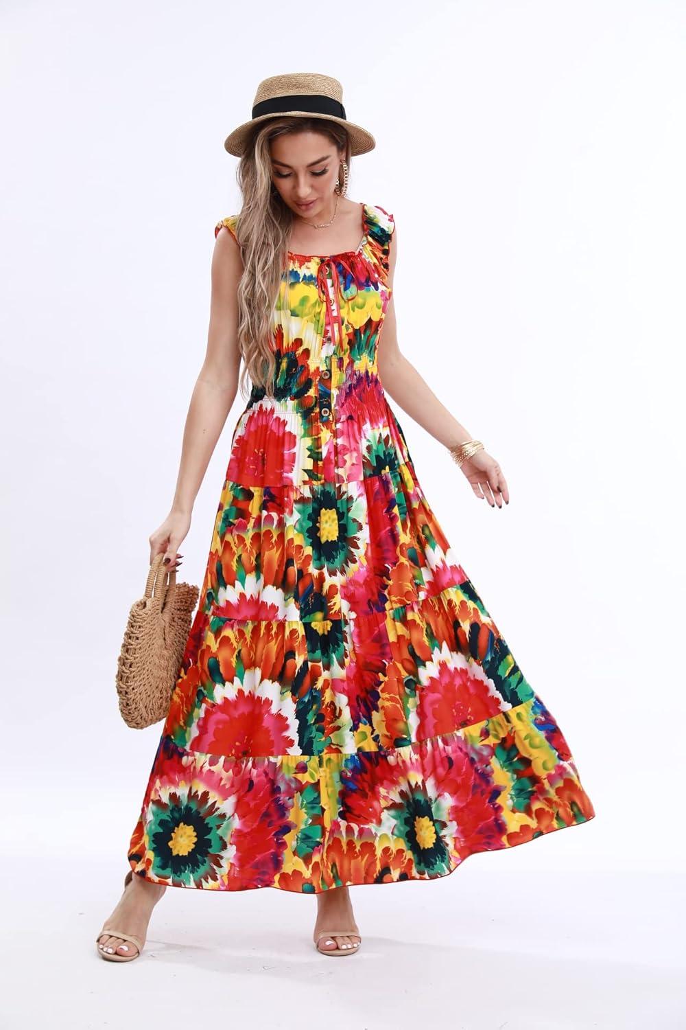 imageOSTOO Womens 2025 Summer Sleeve Boho Floral Print Casual Loose Flowy Maxi DressColorSun Flowers