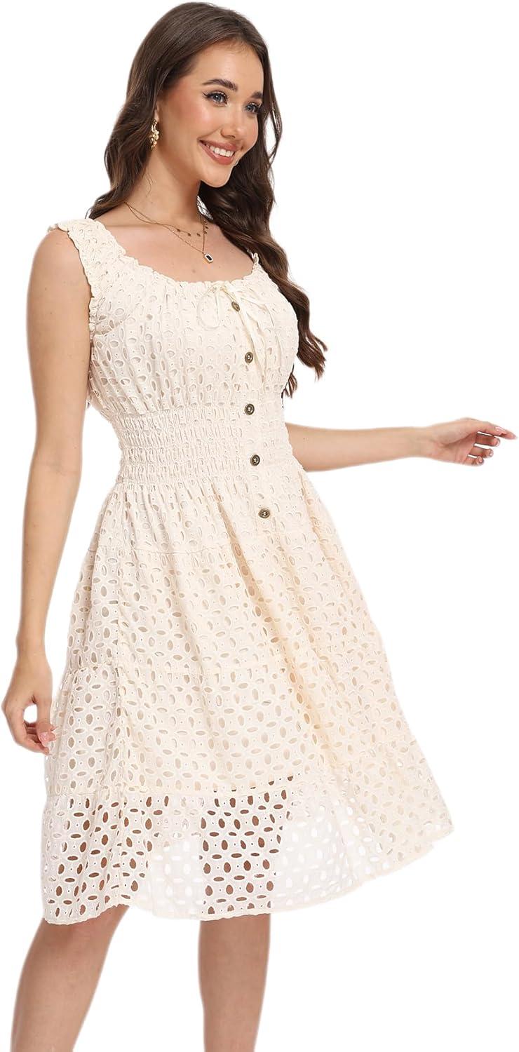 imageWomens 2025 Summer Short Dress Square Neck Hollow Out Lace Casual Beach DressesApricot