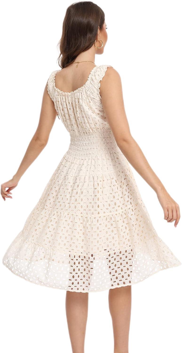 imageWomens 2025 Summer Short Dress Square Neck Hollow Out Lace Casual Beach DressesApricot
