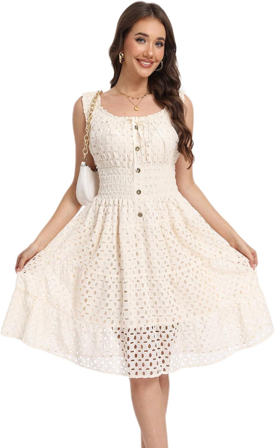 imageWomens 2025 Summer Short Dress Square Neck Hollow Out Lace Casual Beach DressesApricot