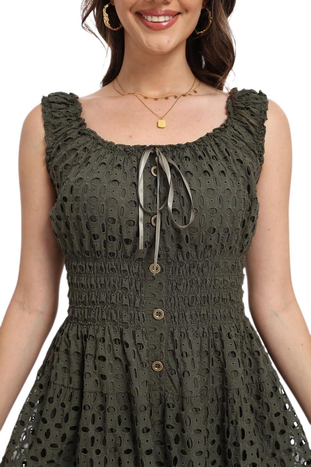 imageWomens 2025 Summer Short Dress Square Neck Hollow Out Lace Casual Beach DressesArmy Green