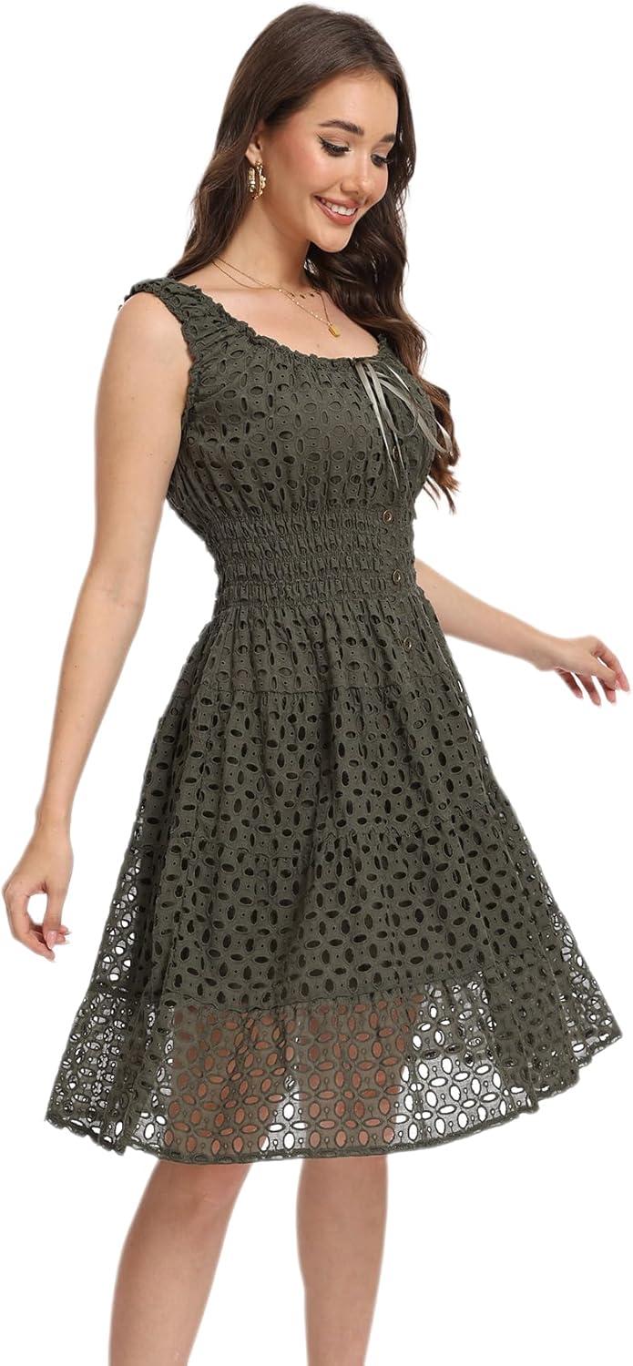 imageWomens 2025 Summer Short Dress Square Neck Hollow Out Lace Casual Beach DressesArmy Green