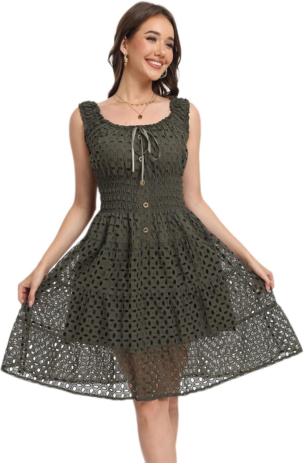imageWomens 2025 Summer Short Dress Square Neck Hollow Out Lace Casual Beach DressesArmy Green