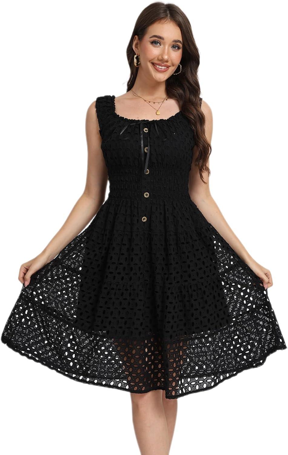 imageWomens 2025 Summer Short Dress Square Neck Hollow Out Lace Casual Beach DressesBlack