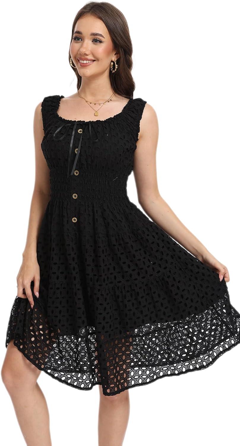 imageWomens 2025 Summer Short Dress Square Neck Hollow Out Lace Casual Beach DressesBlack