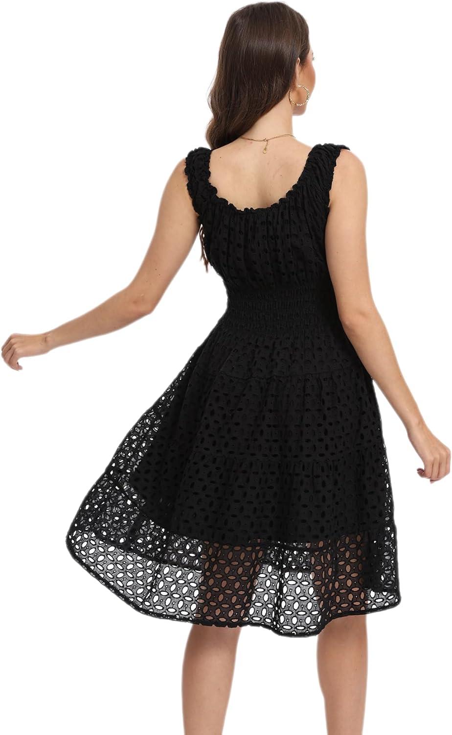 imageWomens 2025 Summer Short Dress Square Neck Hollow Out Lace Casual Beach DressesBlack