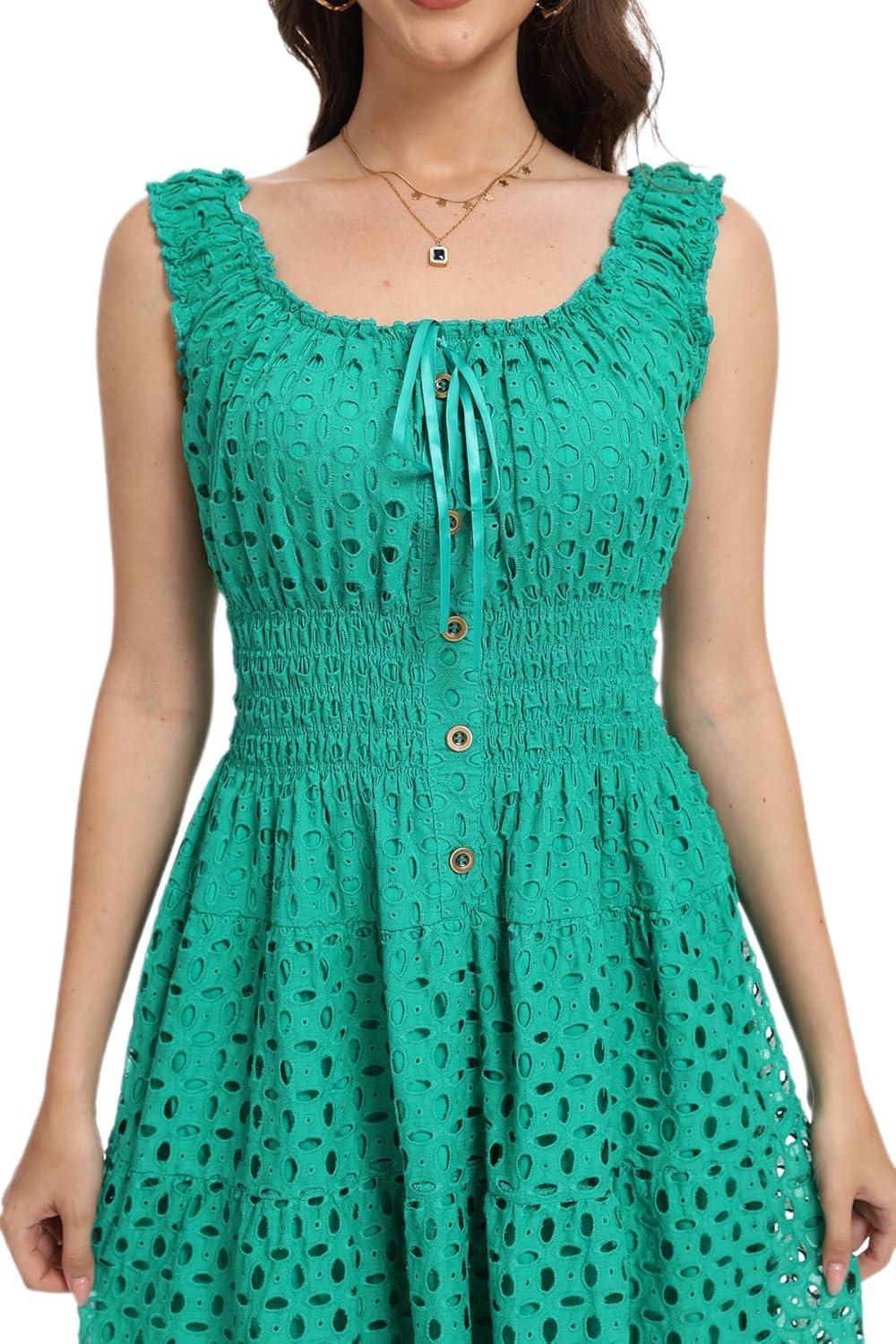 imageWomens 2025 Summer Short Dress Square Neck Hollow Out Lace Casual Beach DressesGreen