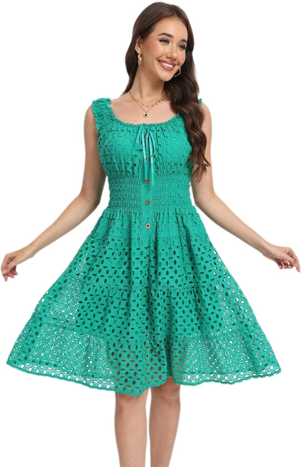 imageWomens 2025 Summer Short Dress Square Neck Hollow Out Lace Casual Beach DressesGreen